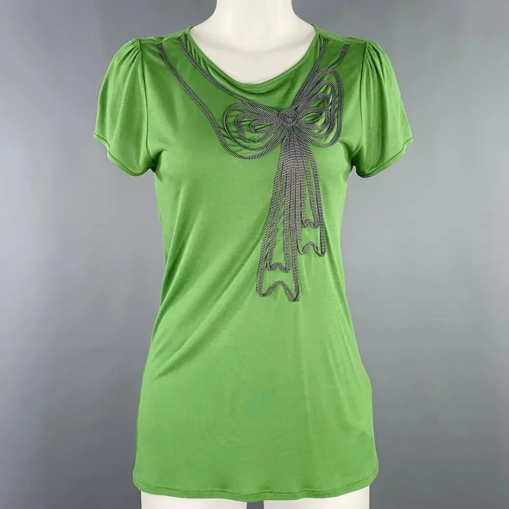 TED BAKER Size 2 Green Grey Viscose Aplique Short Sleeve Casual Top